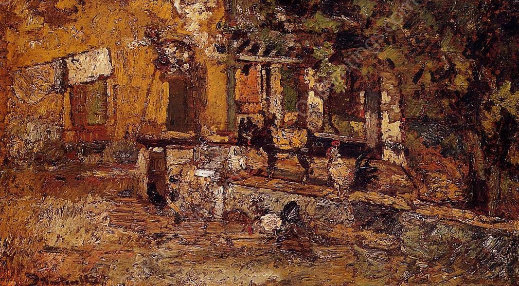 Farmyard with Donkeys and Roosters by Adolphe Joseph Monticelli - Hand-Painted Oil Painting Reproduction