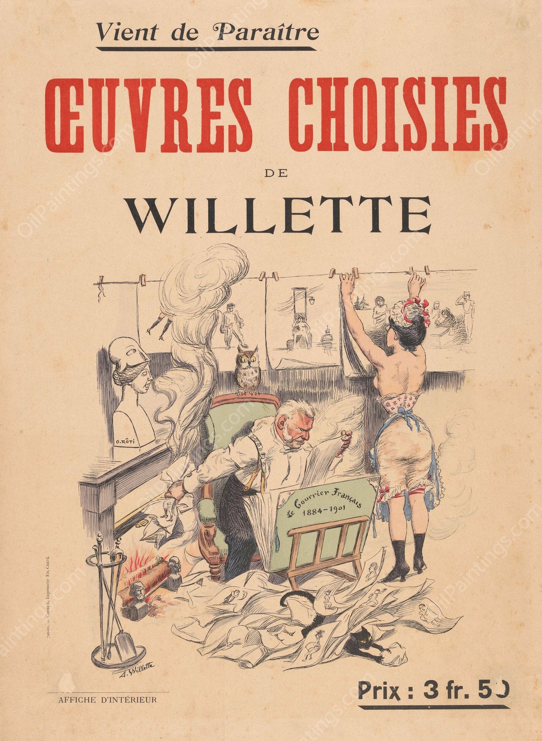 Reclamebiljet voor de Oeuvres Choisies van Adolphe Leon Willette  by Adolphe Leon Willette - Hand-Painted Oil Painting Reproduction