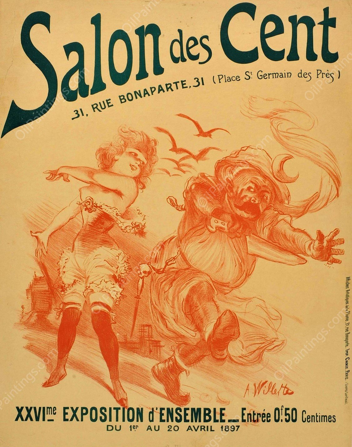 Salon des Cent  by Adolphe Leon Willette - Hand-Painted Oil Painting Reproduction