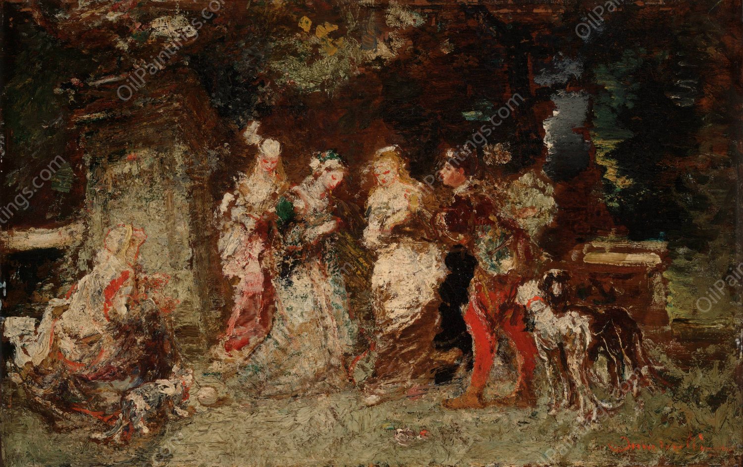 Garden Scene  by Adolphe Monticelli - Hand-Painted Oil Painting Reproduction