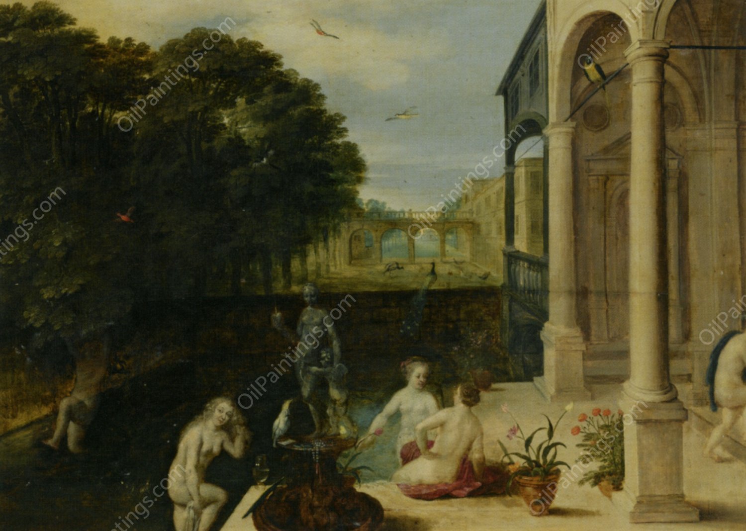 Nymphs Bathing in a Classical Garden Setting by Adriaan Van Stalbemt - Hand-Painted Oil Painting Reproduction