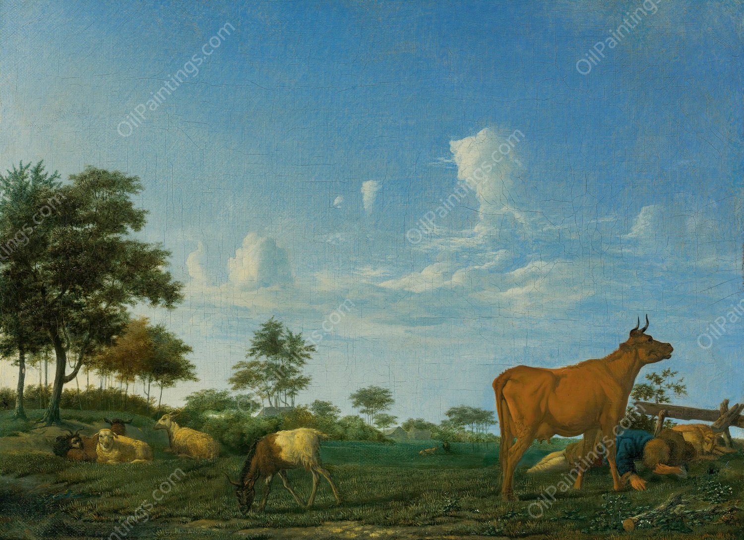 A cow, sheep and goats in a meadow with a shepherd asleep by Adriaen Van De Velde - Hand-Painted Oil Painting Reproduction
