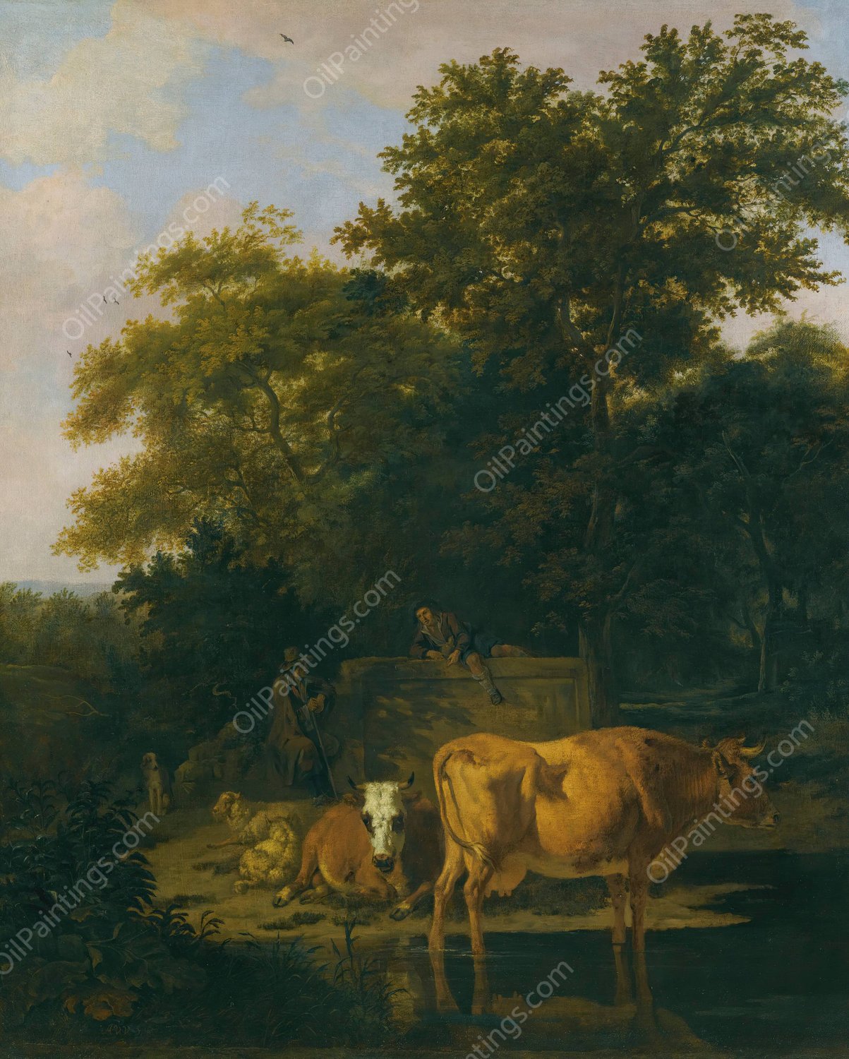 A wooded landscape at dusk, with two herdsmen a dog, sheep and cattle  by Adriaen Van De Velde - Hand-Painted Oil Painting Reproduction