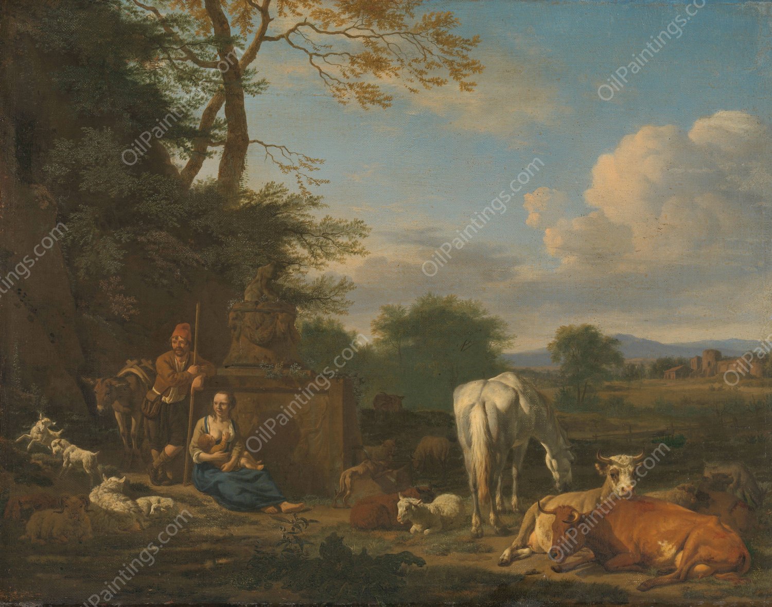 Arcadian Landscape with resting Shepherds and Animals  by Adriaen Van De Velde - Hand-Painted Oil Painting Reproduction