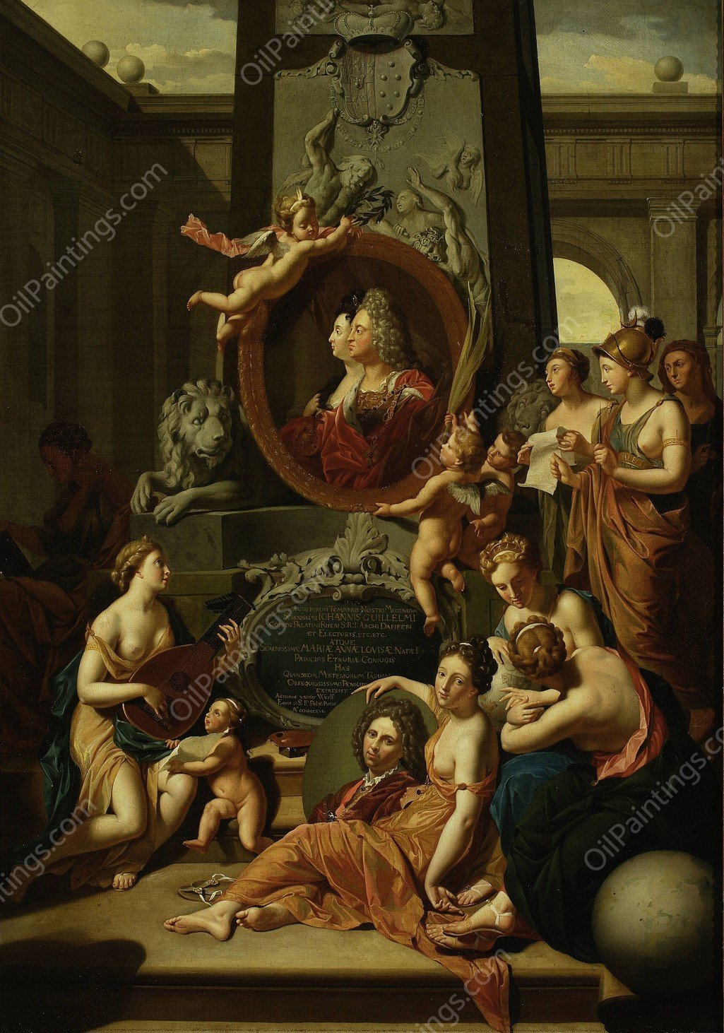 Liberal arts pay homage to Johann Wilhelm, Palatine of the Rhine, and his wife by Adriaen Van Der Werff - Hand-Painted Oil Painting Reproduction
