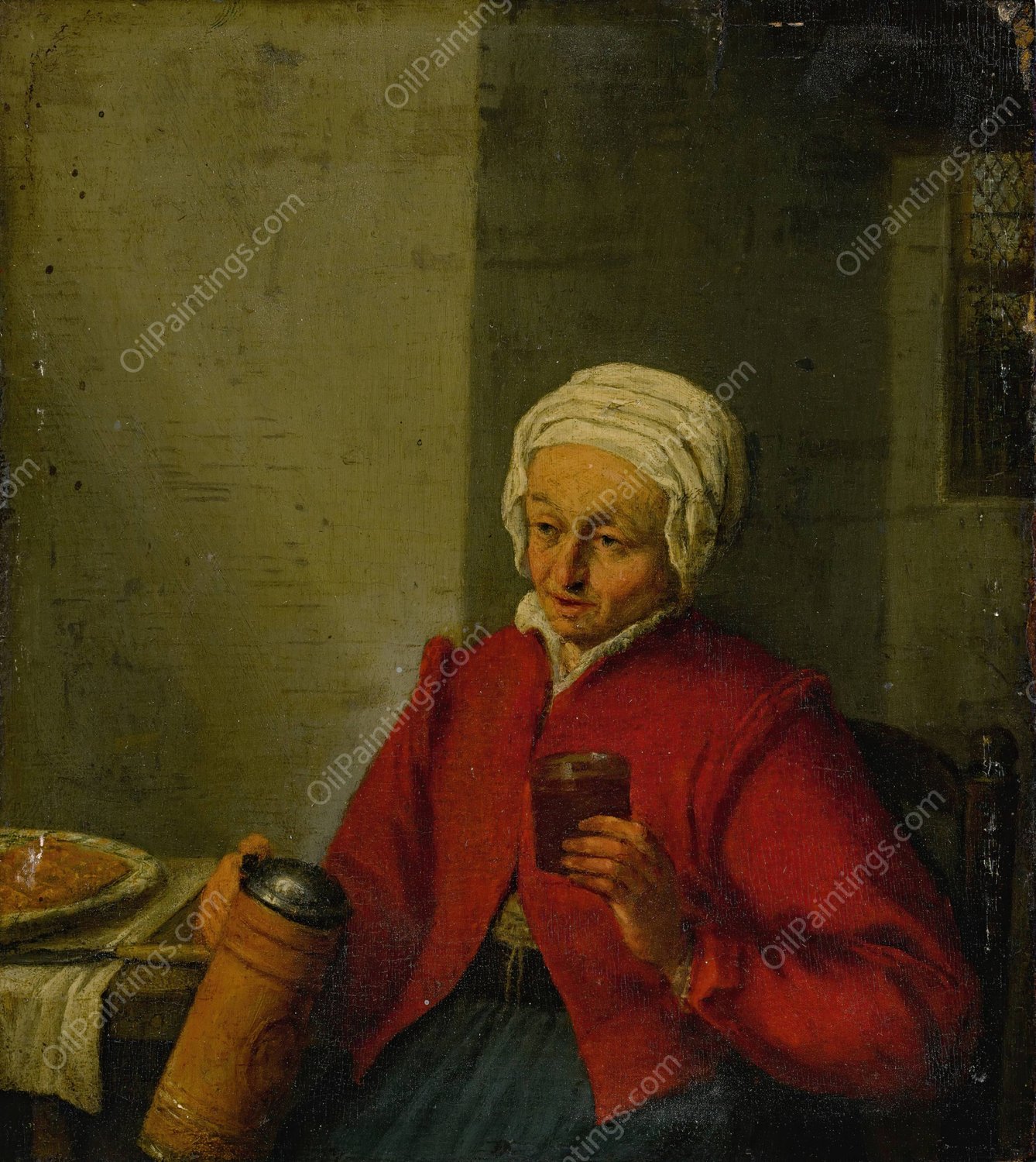 A woman holding a jug and a cup by Adriaen Van Ostade - Hand-Painted Oil Painting Reproduction