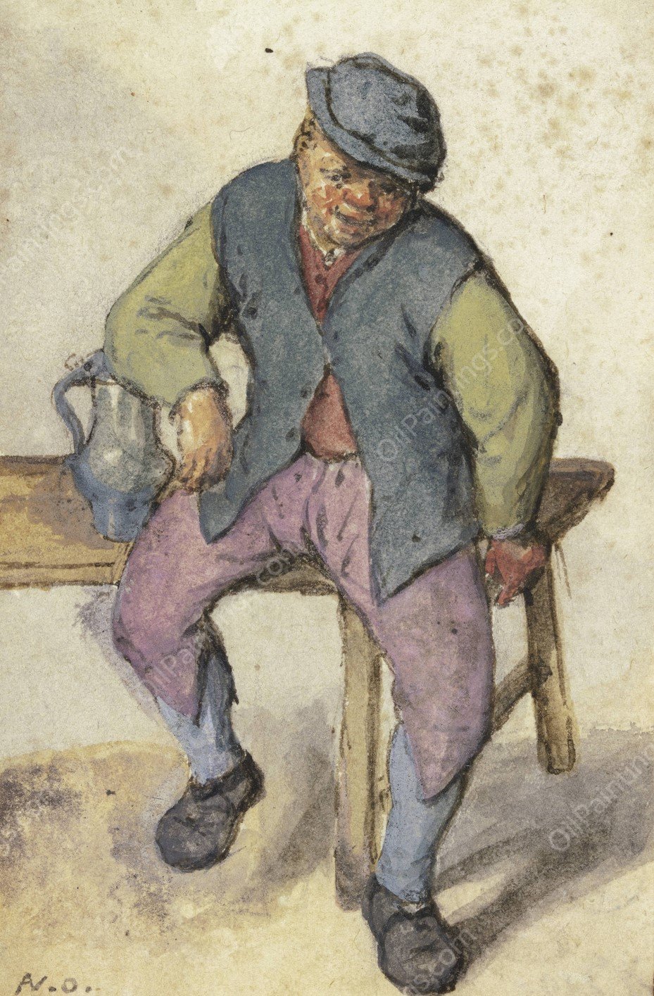 Auf einem Tisch sitzender Bauer  by Adriaen Van Ostade - Hand-Painted Oil Painting Reproduction