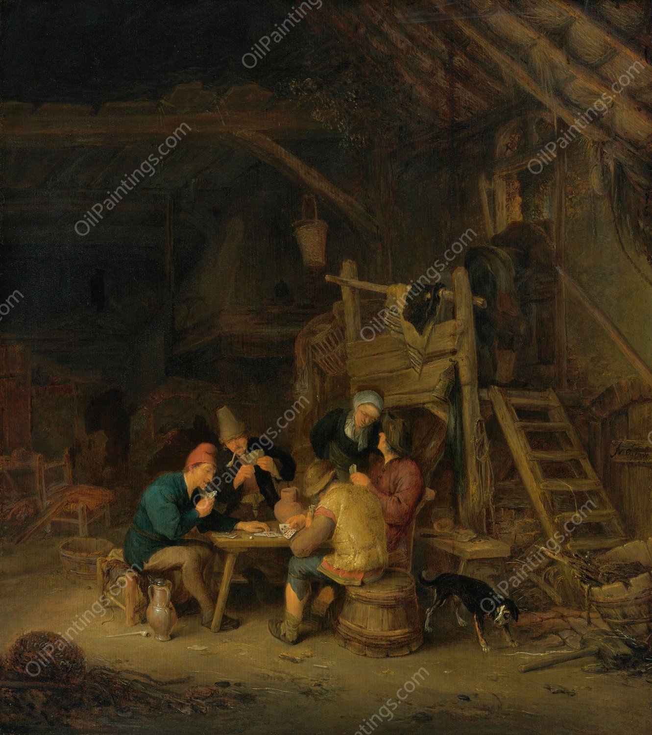Four Card Players In A Rustic Interior  by Adriaen Van Ostade - Hand-Painted Oil Painting Reproduction