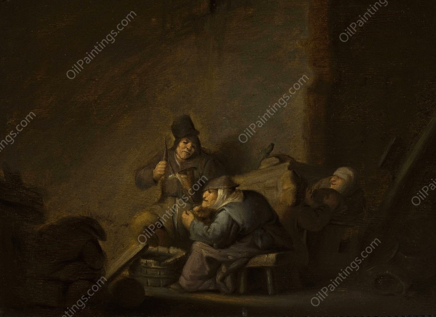 Genre scene in an interior by Adriaen Van Ostade - Hand-Painted Oil Painting Reproduction