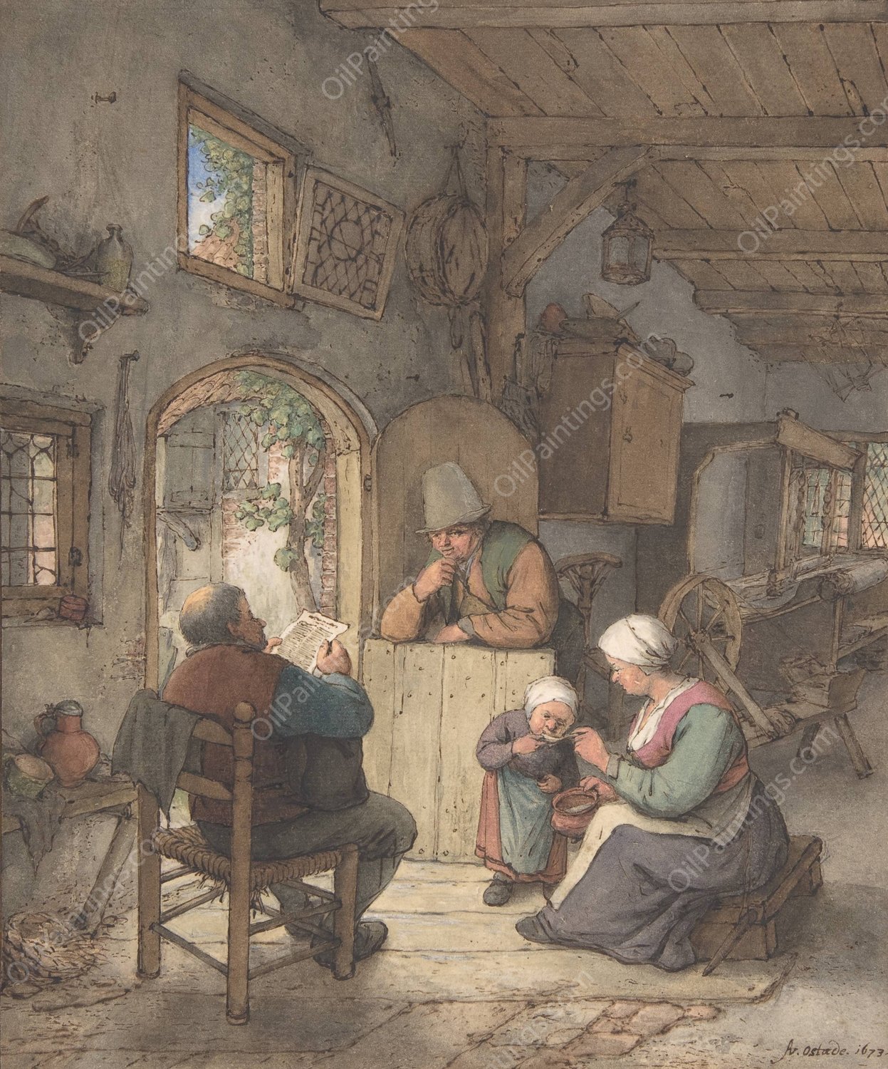 Reading the News at the Weavers' Cottage  by Adriaen Van Ostade - Hand-Painted Oil Painting Reproduction
