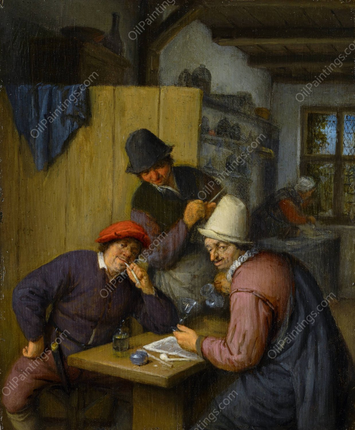 Three Drinking and Smoking Farmers in a Tavern  by Adriaen Van Ostade - Hand-Painted Oil Painting Reproduction
