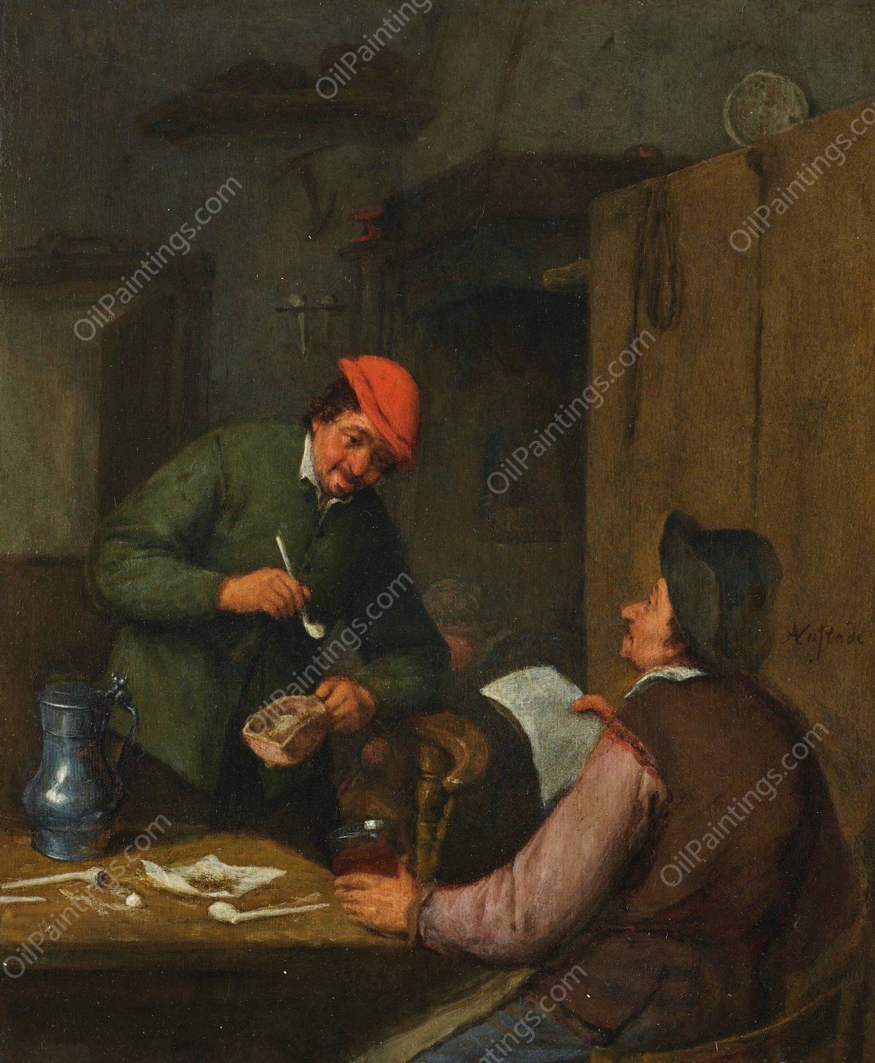 Two peasants smoking, drinking and reading at an inn by Adriaen Van Ostade - Hand-Painted Oil Painting Reproduction