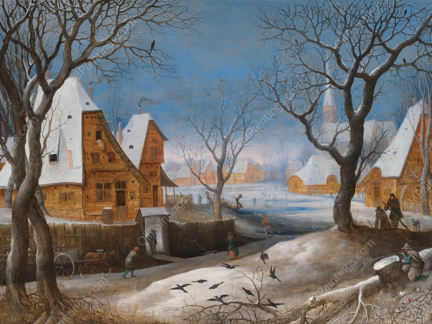 A winter landscape, with figures in a village by Adriaen Van Stalbemt - Hand-Painted Oil Painting Reproduction