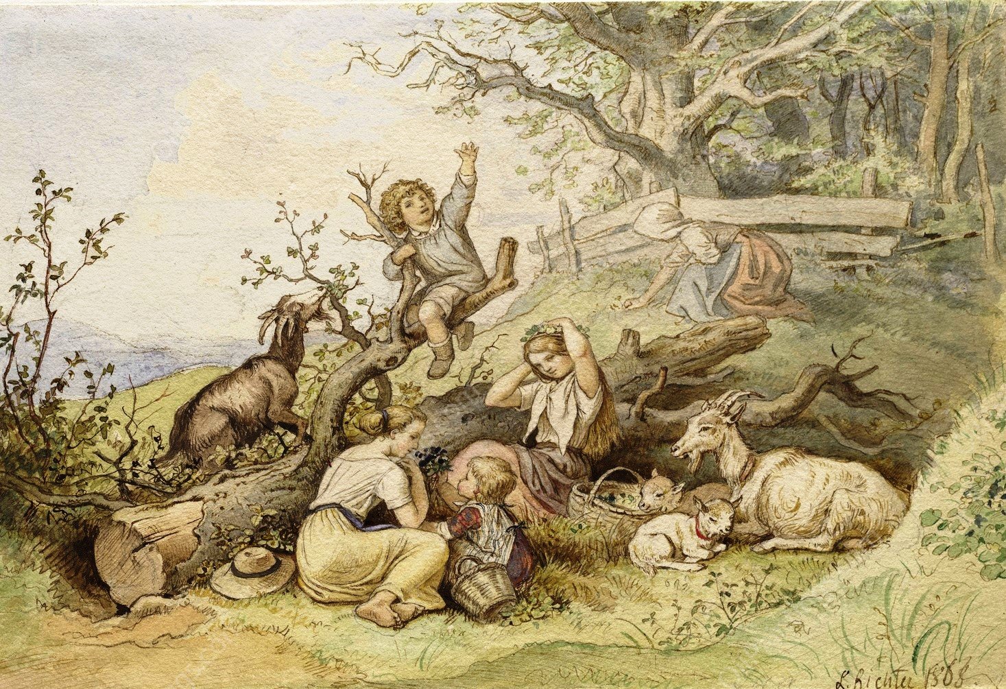Children And Goats Resting By A Felled Tree  by Adrian Ludwig Richter - Hand-Painted Oil Painting Reproduction