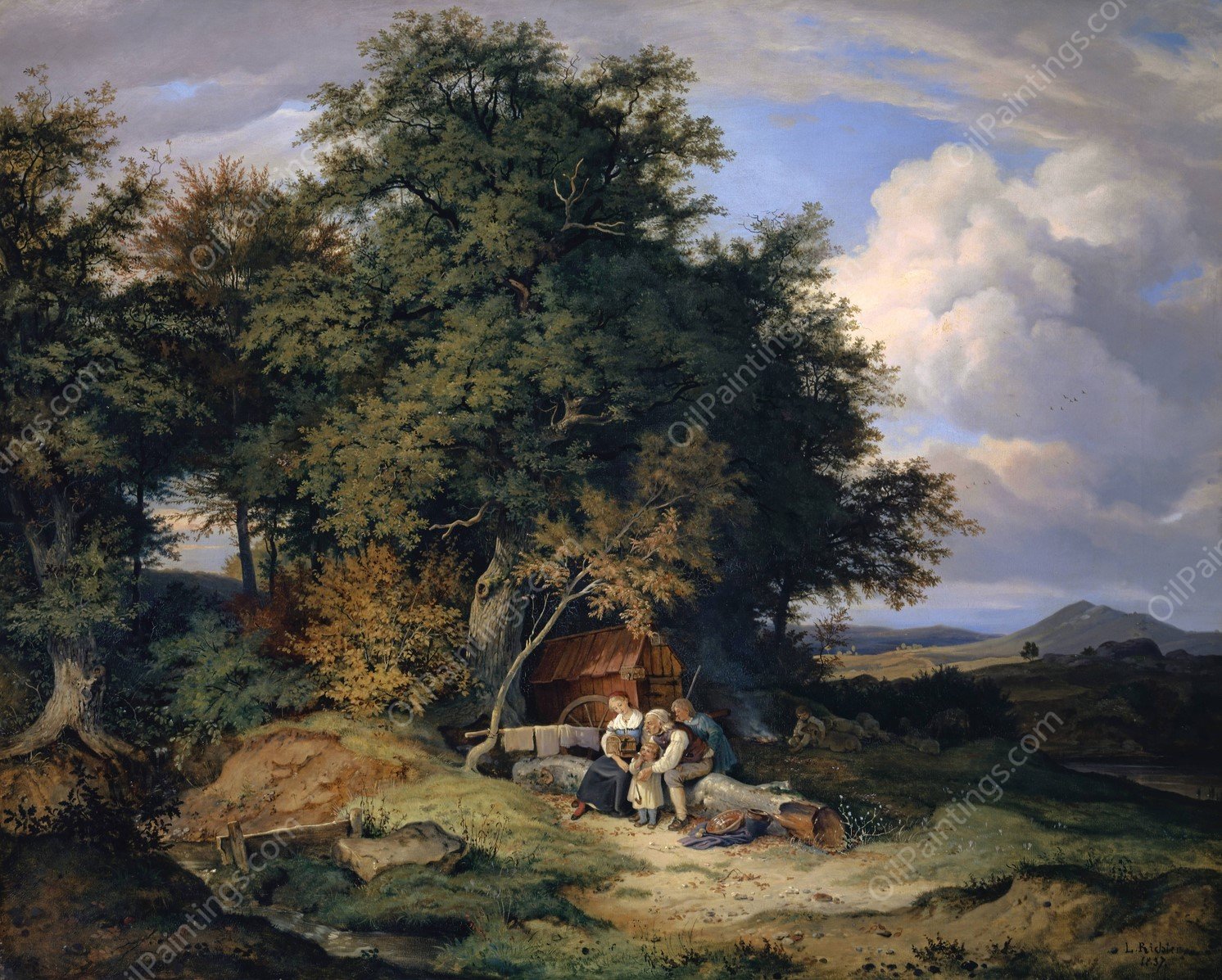 Herbstlicher Wald mit Schaferfamilie  by Adrian Ludwig Richter - Hand-Painted Oil Painting Reproduction