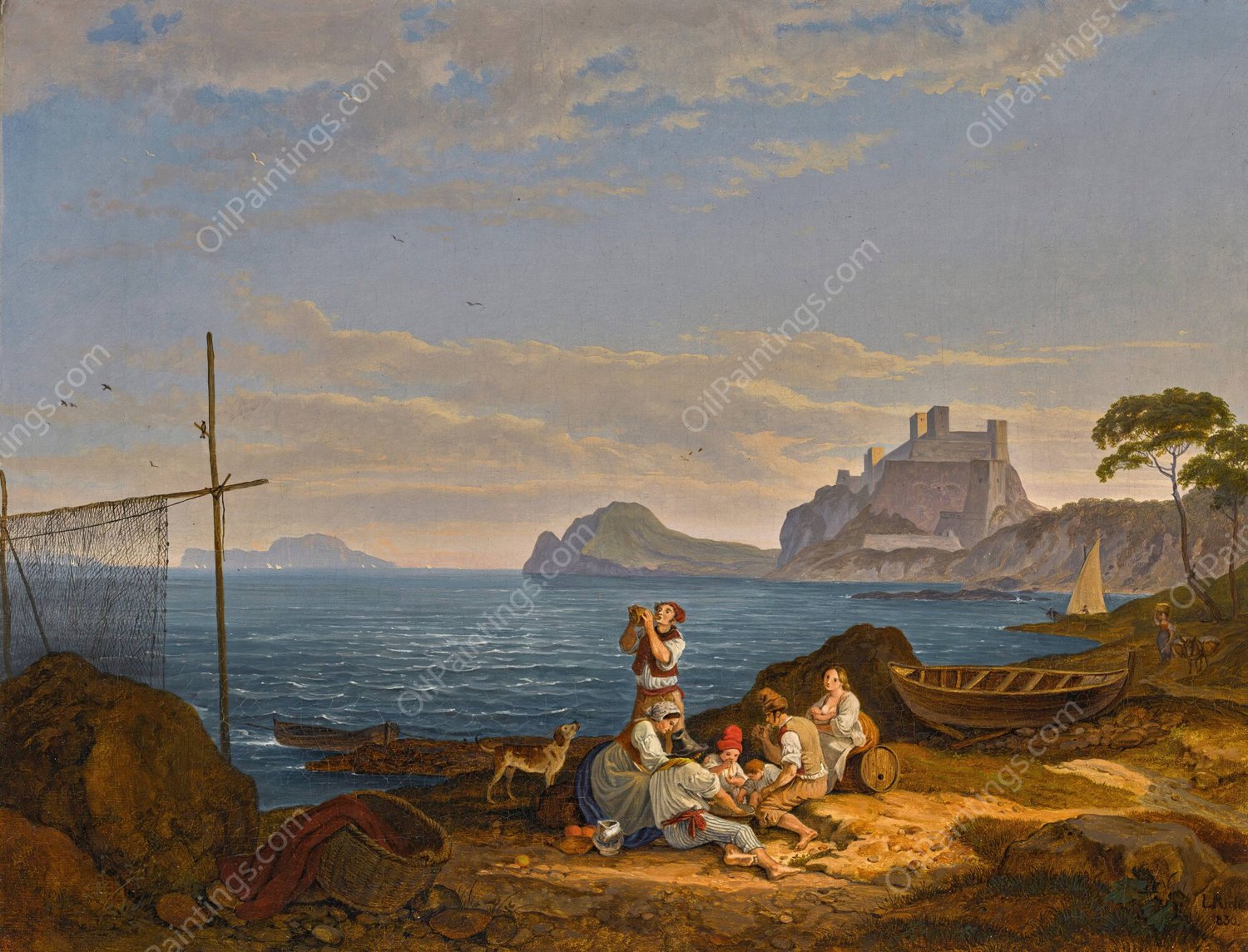 The Bay Of Naples, Capri Beyond  by Adrian Ludwig Richter - Hand-Painted Oil Painting Reproduction