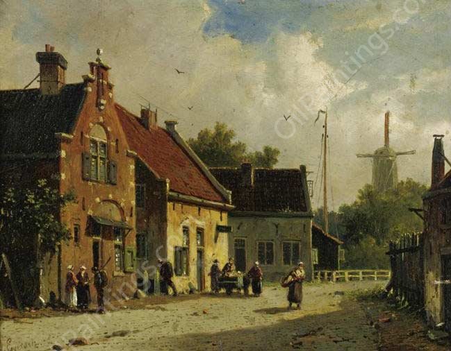 Village Street, Windmill in Distance by Adrianus Eversen - Hand-Painted Oil Painting Reproduction