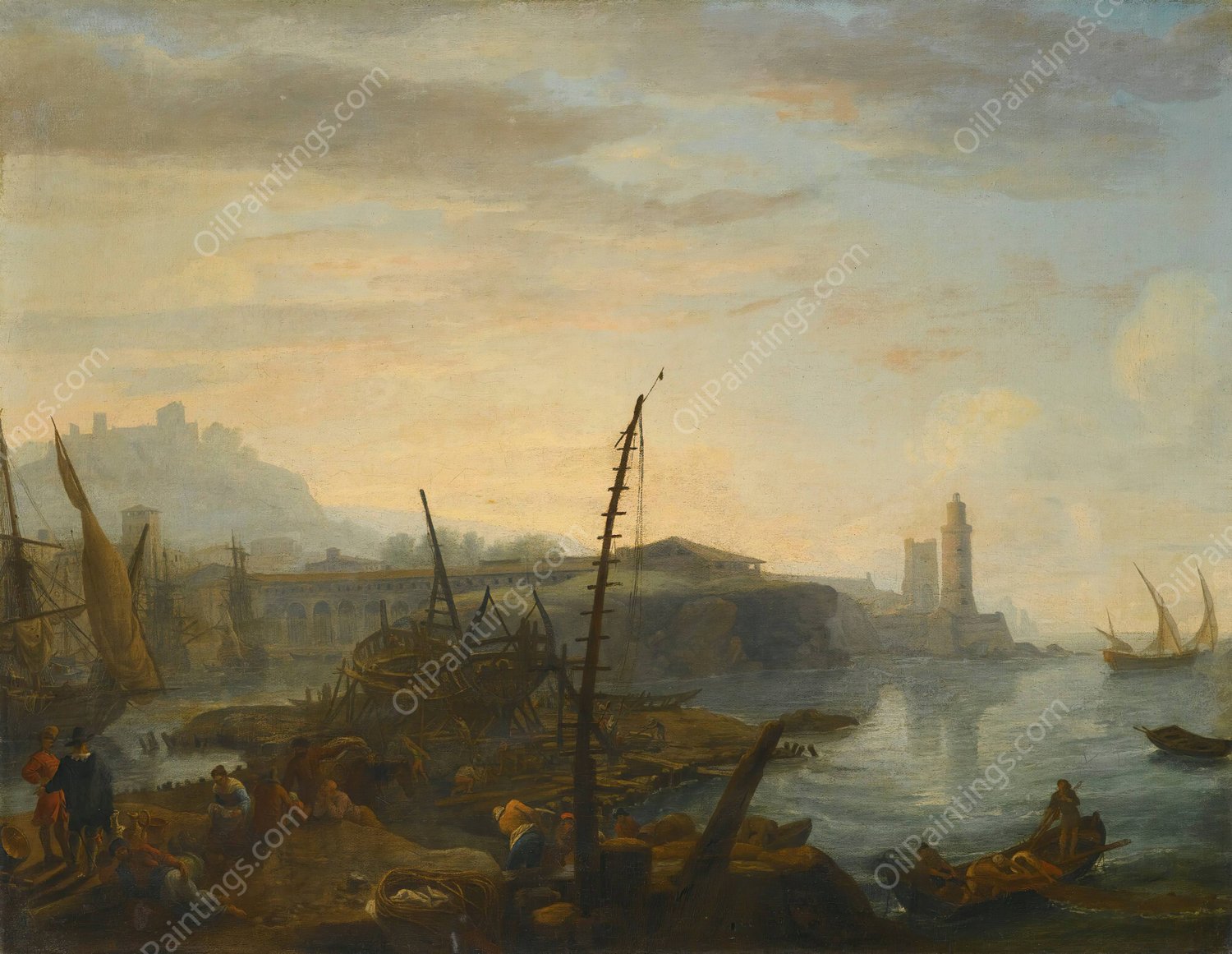 A Mediterranean Port With Figures Resting And Fishermen Drawing In Their Nets In The Foreground, A Tower Beyond by Adrien Manglard - Hand-Painted Oil Painting Reproduction