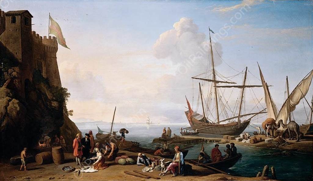 Mediterranean Harbour Scene by Adrien Manglard - Hand-Painted Oil Painting Reproduction