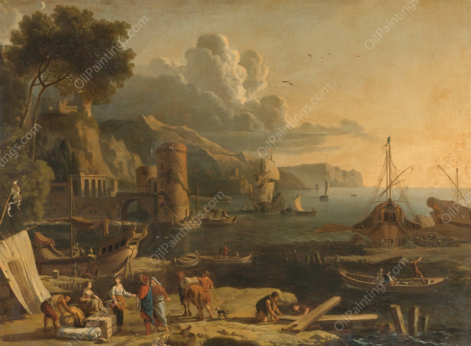 Mediterranean Port Scene by Adrien Manglard - Hand-Painted Oil Painting Reproduction