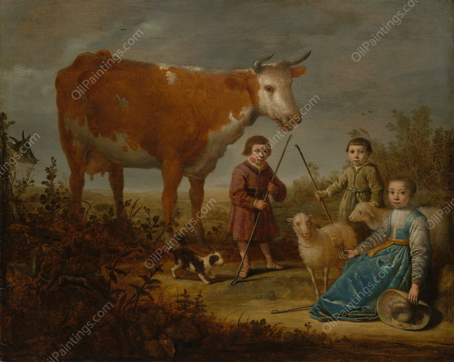 Children and a Cow  by Aelbert Cuyp - Hand-Painted Oil Painting Reproduction