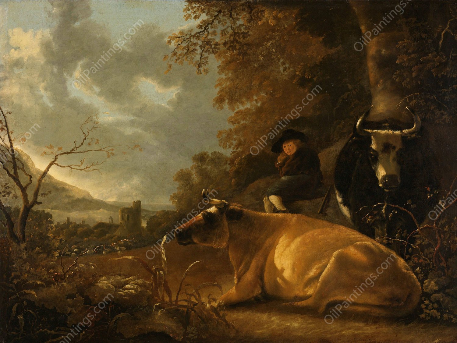 Landscape with Cows and a Young Herdsman  by Aelbert Cuyp - Hand-Painted Oil Painting Reproduction