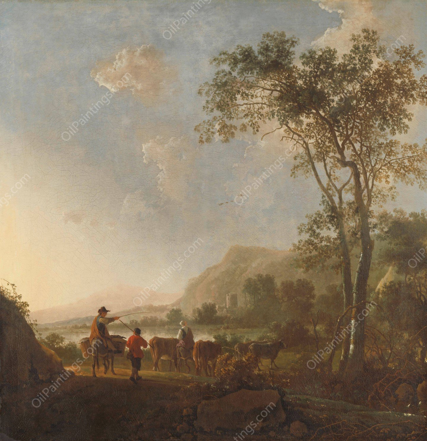 Landscape with Herdsmen and Cattle  by Aelbert Cuyp - Hand-Painted Oil Painting Reproduction