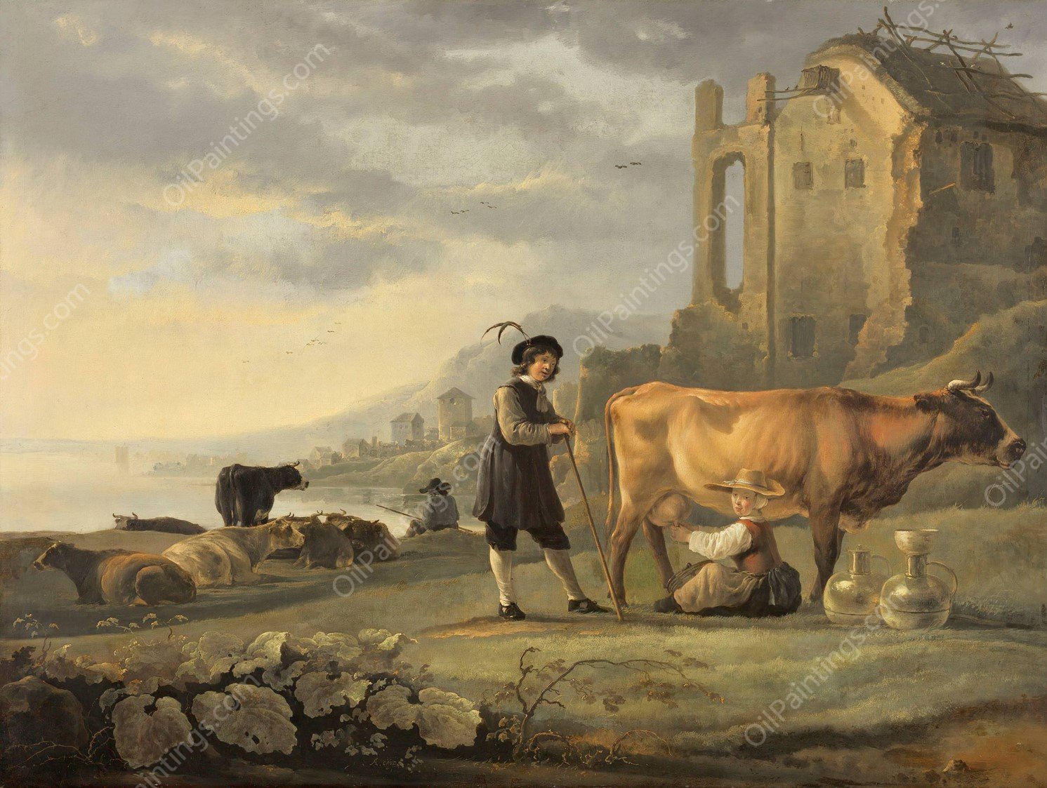 Landscape with Maid Milking a Cow  by Aelbert Cuyp - Hand-Painted Oil Painting Reproduction