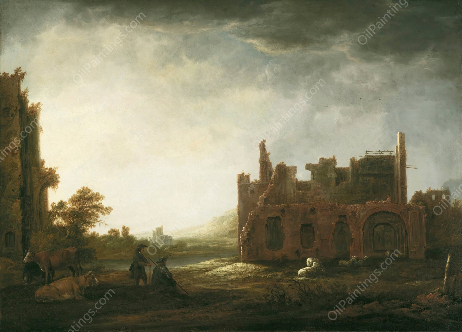 Landscape with the Ruins of Rijnsburg Abbey  by Aelbert Cuyp - Hand-Painted Oil Painting Reproduction