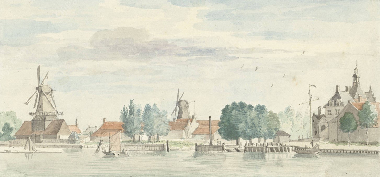 Gezicht op Dordrecht met de Rietdijkspoort en windmolens  by Aert Schouman - Hand-Painted Oil Painting Reproduction