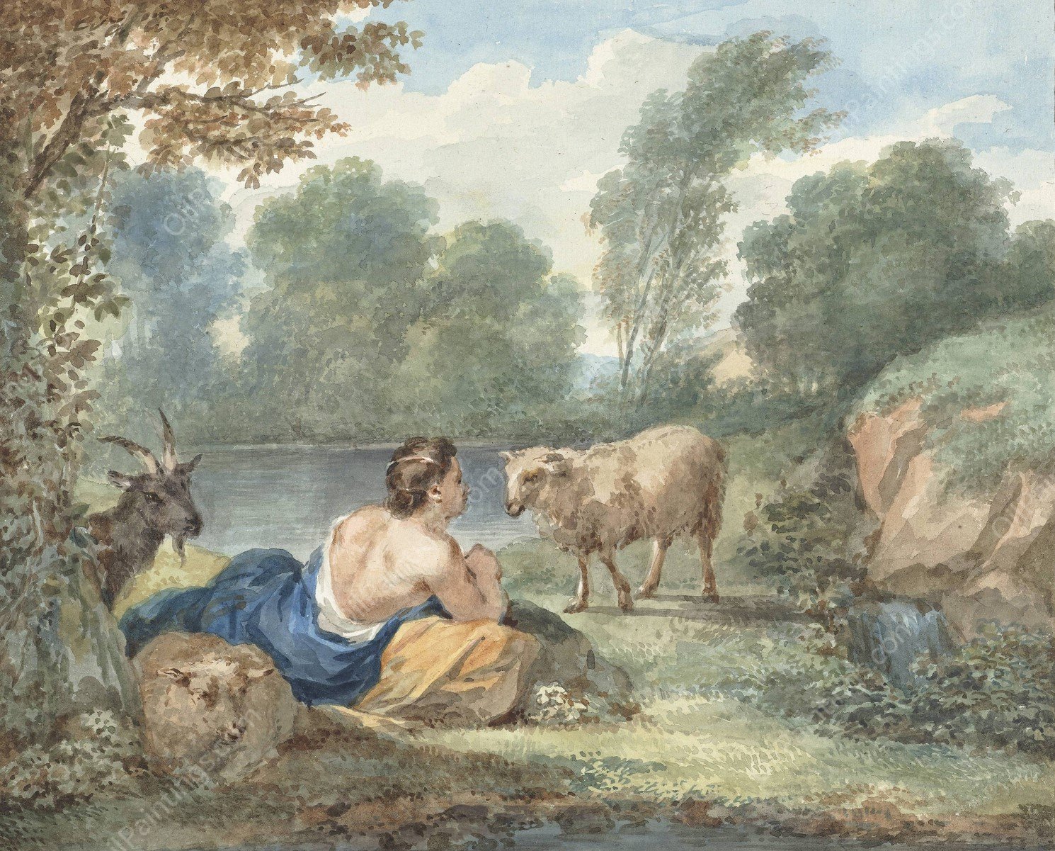 Herderin met schapen in een landschap met een meertje  by Aert Schouman - Hand-Painted Oil Painting Reproduction
