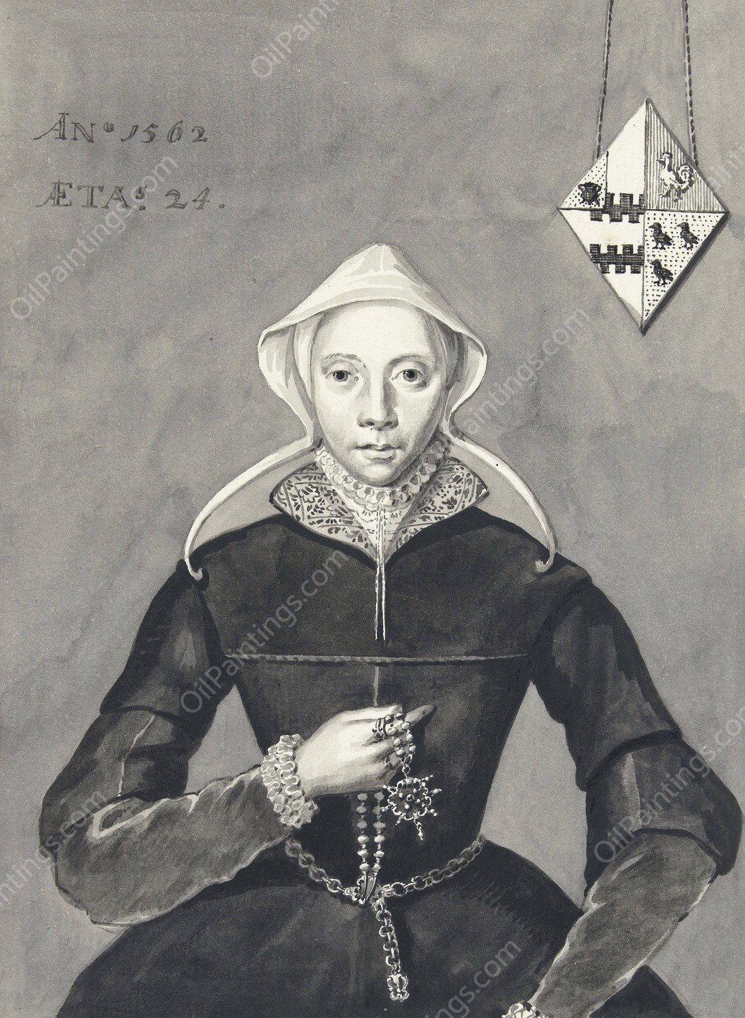 Portret van een vrouw met het wapen Van Slingelandt-Brouwer  by Aert Schouman - Hand-Painted Oil Painting Reproduction