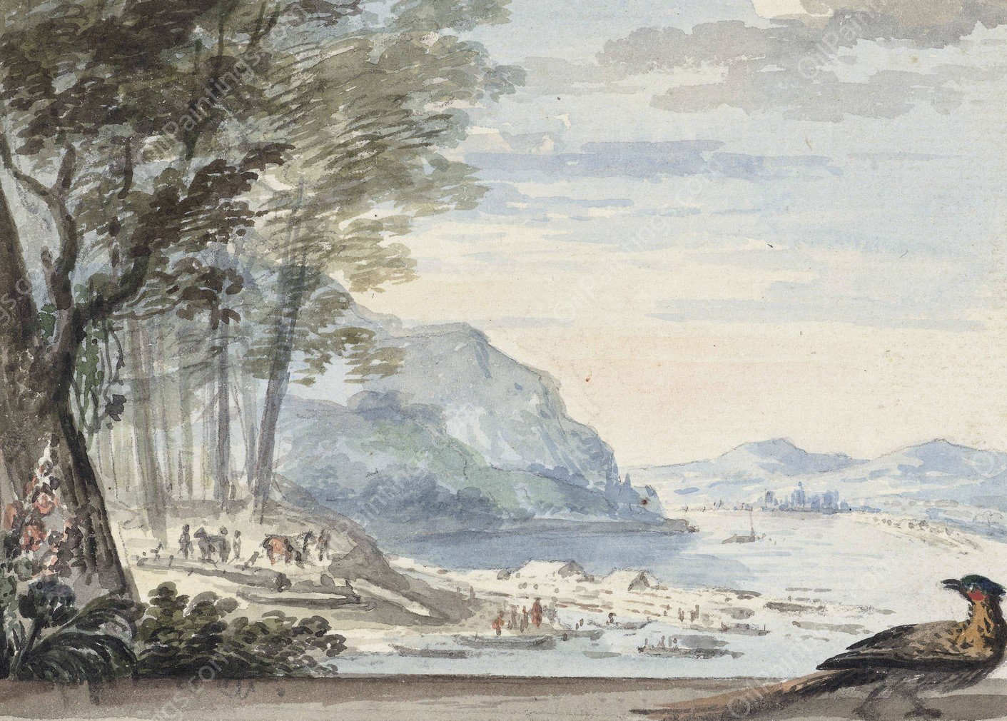 Rivierlandschap met op de voorgrond een hoen  by Aert Schouman - Hand-Painted Oil Painting Reproduction