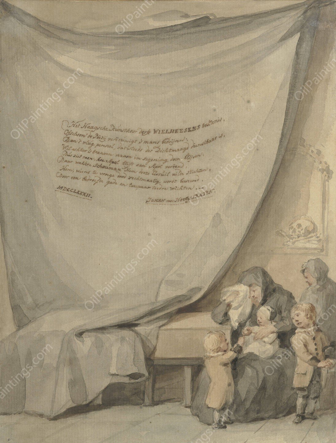 Weduwe met vier kinderen bij een doodskist  by Aert Schouman - Hand-Painted Oil Painting Reproduction