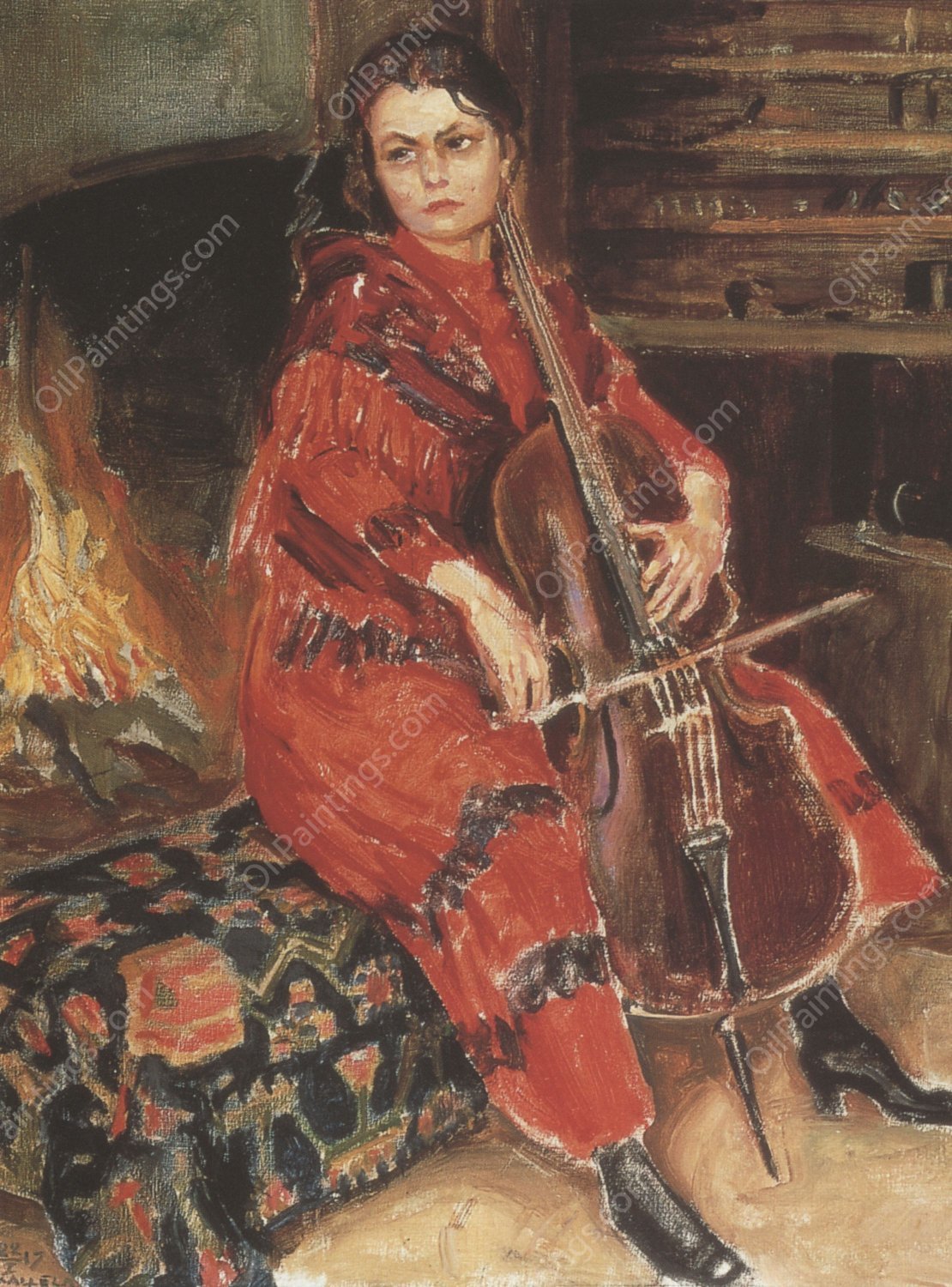 Kirsti Playing the Cello by Akseli Gallen-Kallela - Hand-Painted Oil Painting Reproduction