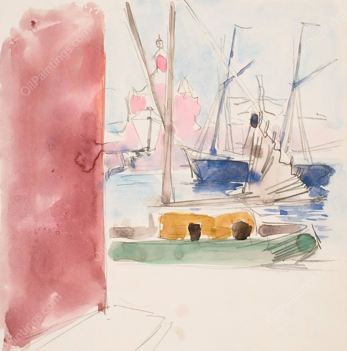 Ships in the South Harbor, Sketch by Akseli Gallen-Kallela - Hand-Painted Oil Painting Reproduction