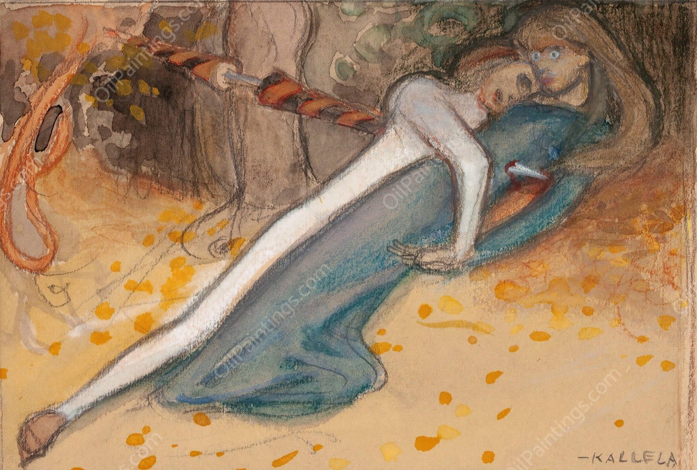 Sketch of the youngman and the Pierced Maid  by Akseli Gallen-Kallela - Hand-Painted Oil Painting Reproduction