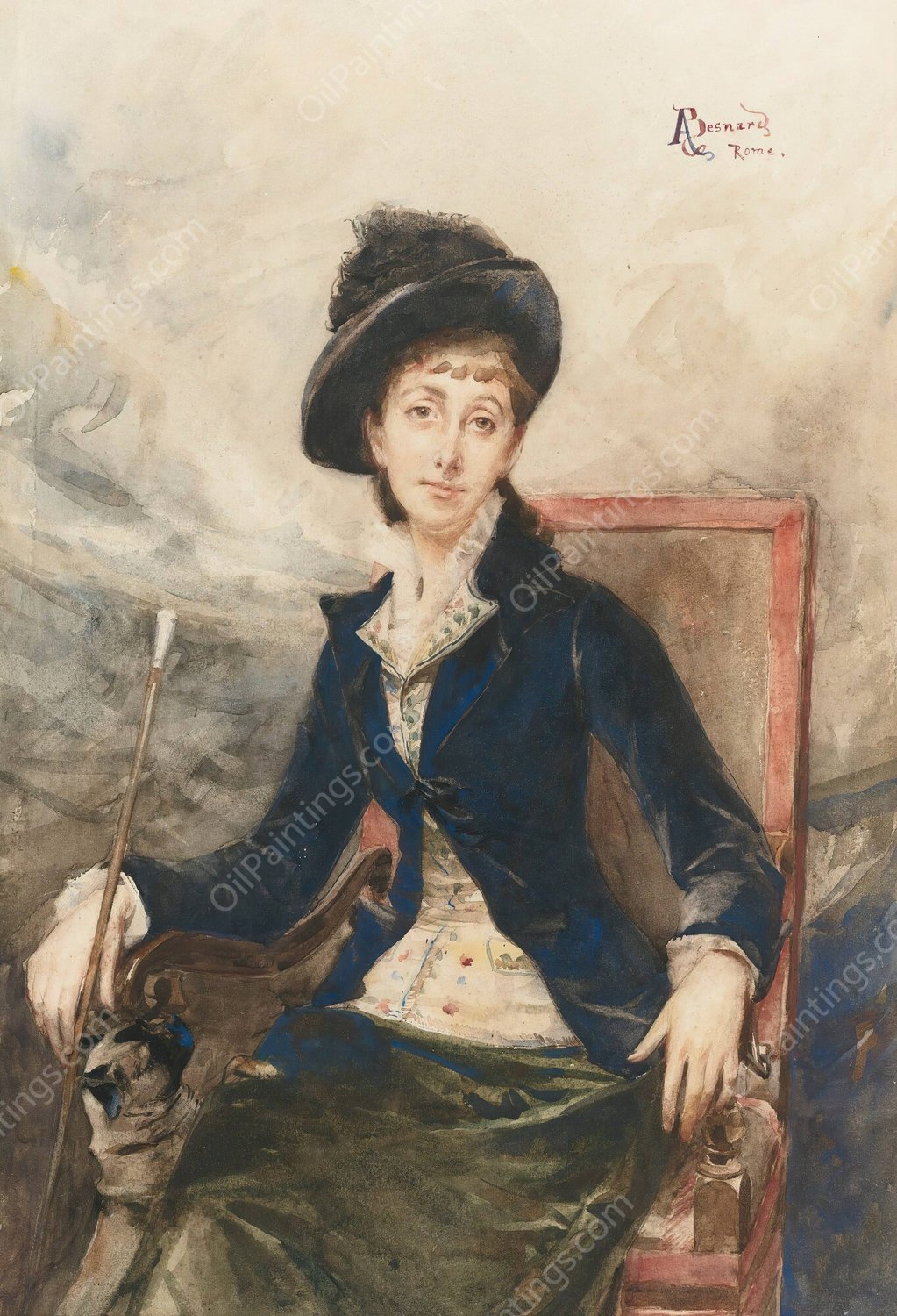 Woman Seated In A Chair With Her Dog  by Albert Besnard - Hand-Painted Oil Painting Reproduction