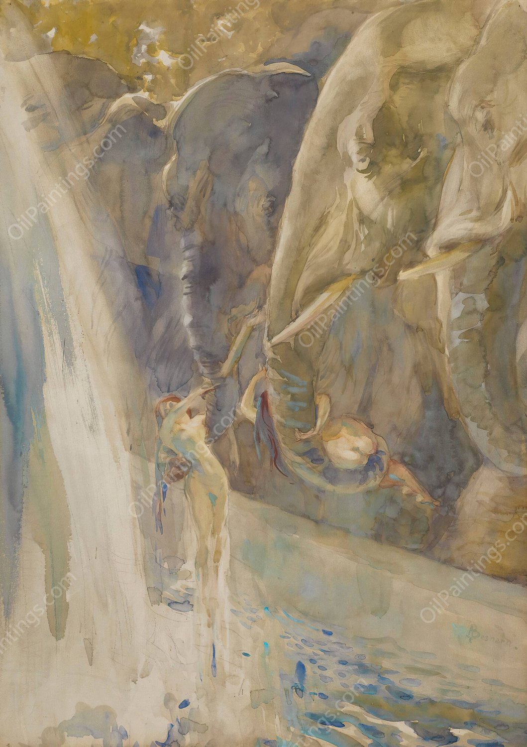 Young Women Lifted Up by Elephants by Albert Besnard - Hand-Painted Oil Painting Reproduction