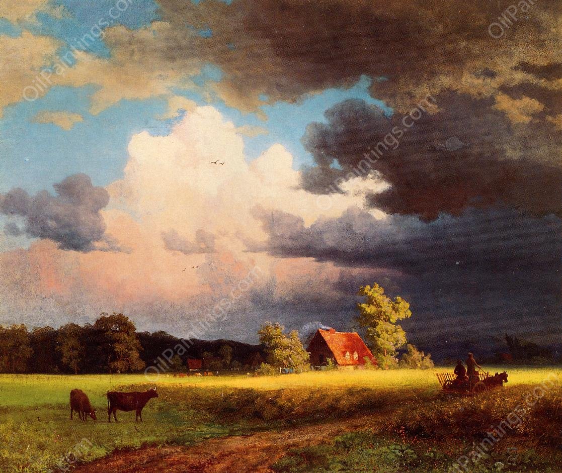 Bavarian Landscape also known as Red Barn by Albert Bierstadt - Hand-Painted Oil Painting Reproduction