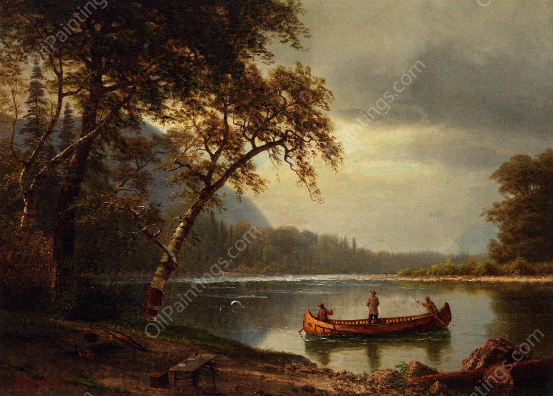 Salmon Fishing on the Cascapediac River by Albert Bierstadt - Hand-Painted Oil Painting Reproduction