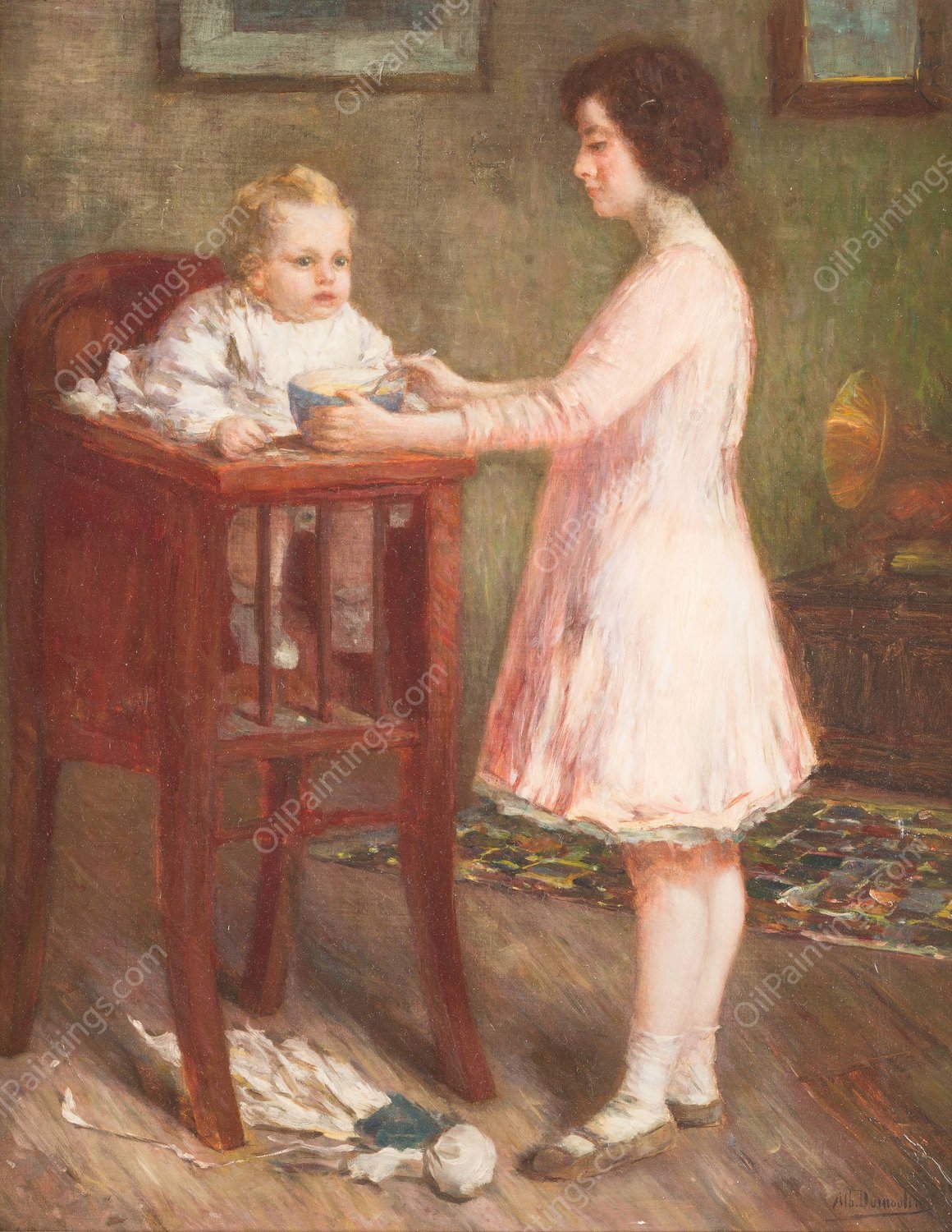 Feeding the Baby  by Albert Dumoulin - Hand-Painted Oil Painting Reproduction