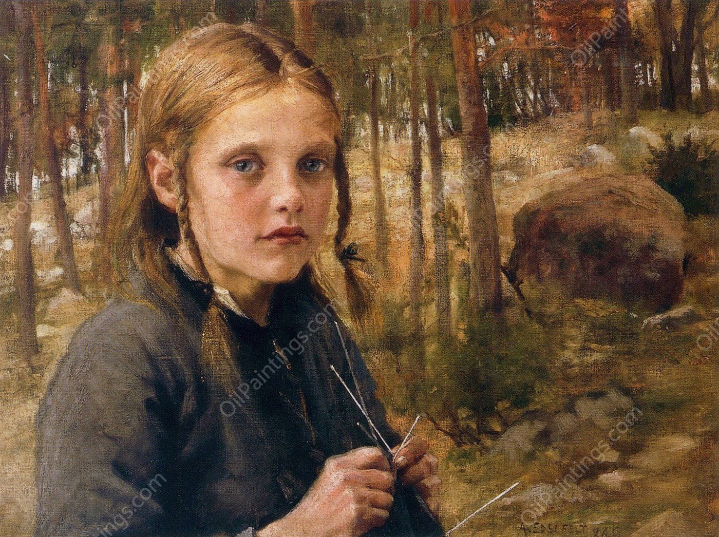 A Girl Knitting Socks by Albert Edelfelt - Hand-Painted Oil Painting Reproduction