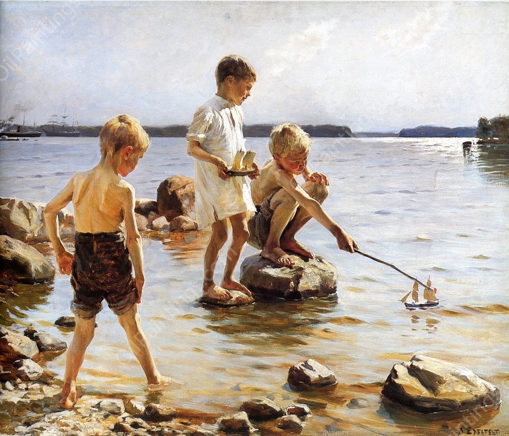 Boys Playing at the Beach by Albert Edelfelt - Hand-Painted Oil Painting Reproduction