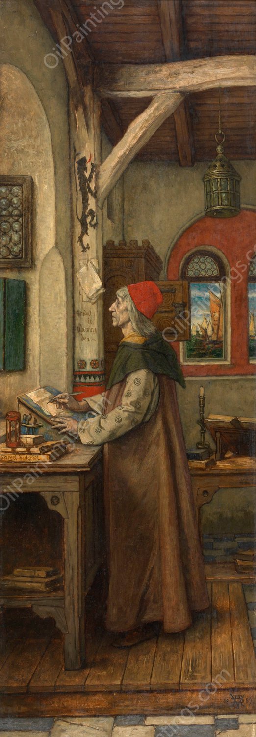Jacob van Maerlant Writing His Spieghel Historiael  by Albert Frans Lieven De Vriendt - Hand-Painted Oil Painting Reproduction