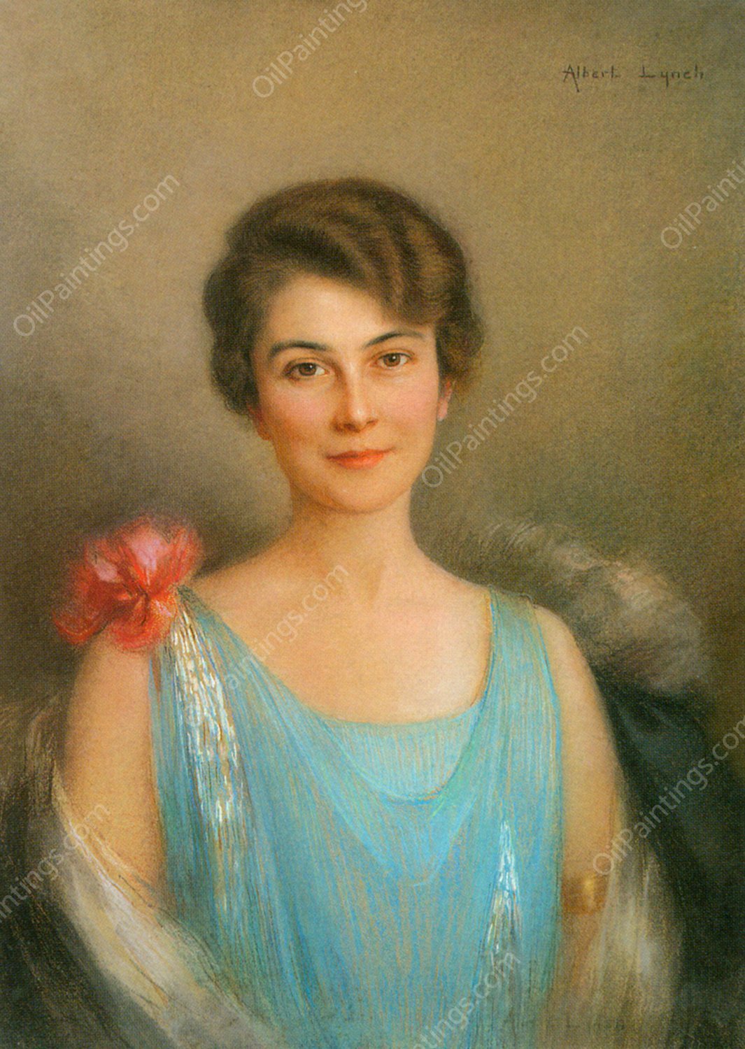 A Portrait of a Lady in Blue by Albert Lynch - Hand-Painted Oil Painting Reproduction