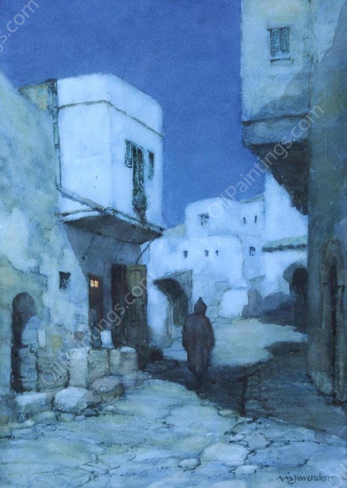 A Moonlit Street, North Africa by Albert Moulton Foweraker - Hand-Painted Oil Painting Reproduction