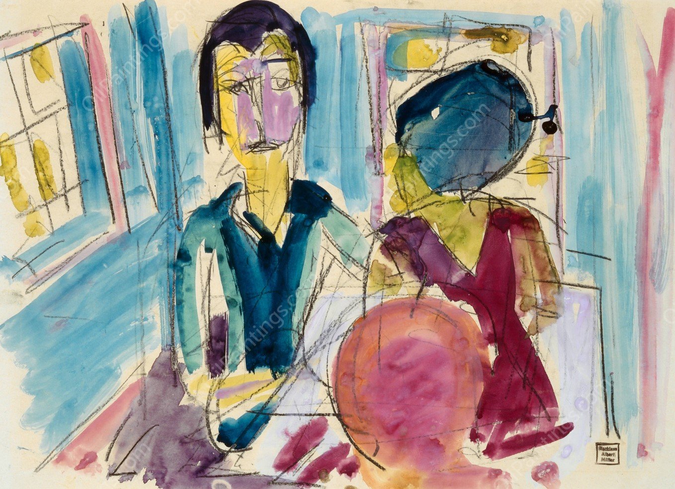 Children in the Parlor  by Albert Muller - Hand-Painted Oil Painting Reproduction