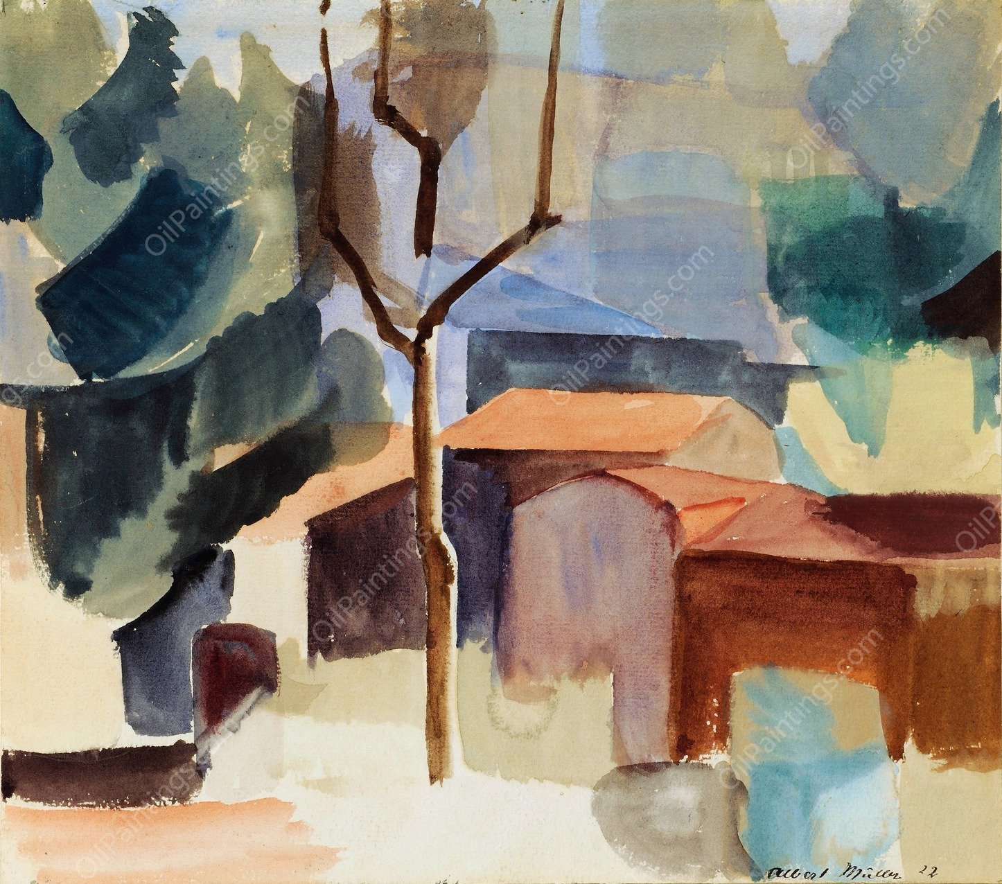 Tessiner Hauser  by Albert Muller - Hand-Painted Oil Painting Reproduction