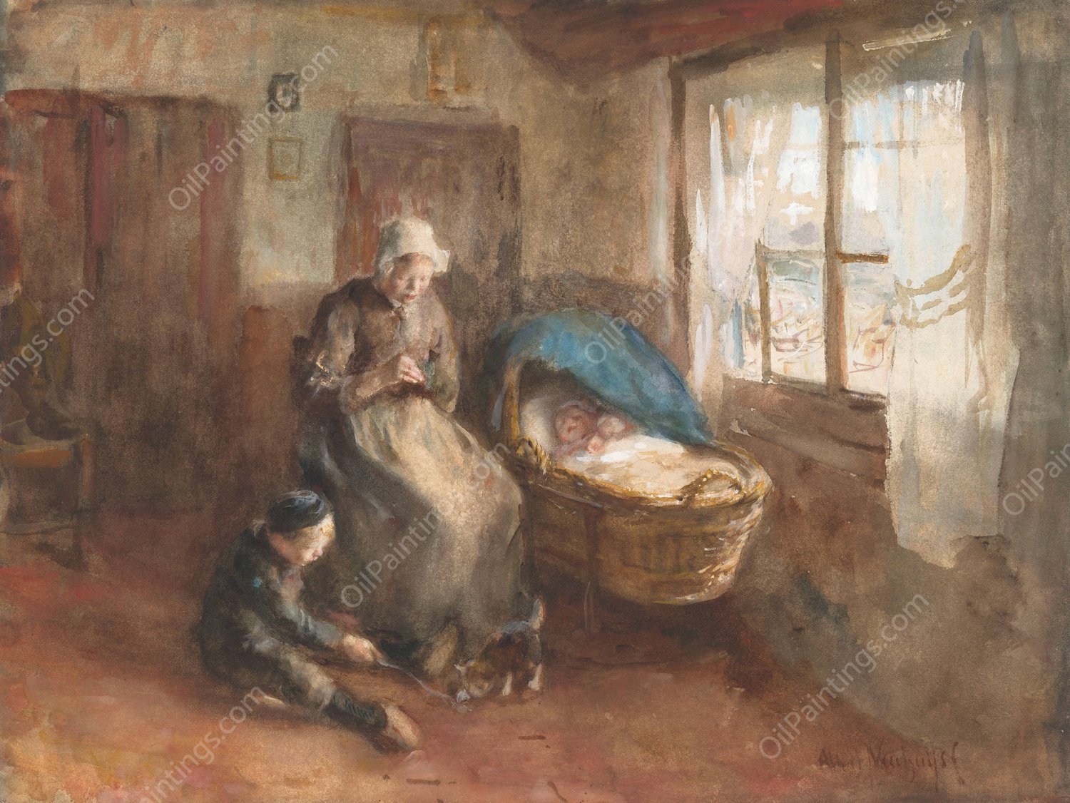 Interieur met een vrouw bij een wieg en een jongetje op de grond  by Albert Neuhuys - Hand-Painted Oil Painting Reproduction